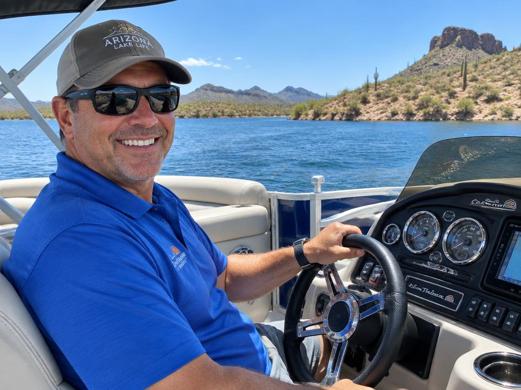 Captain at the helm of a pontoon boat on Lake Pleasant