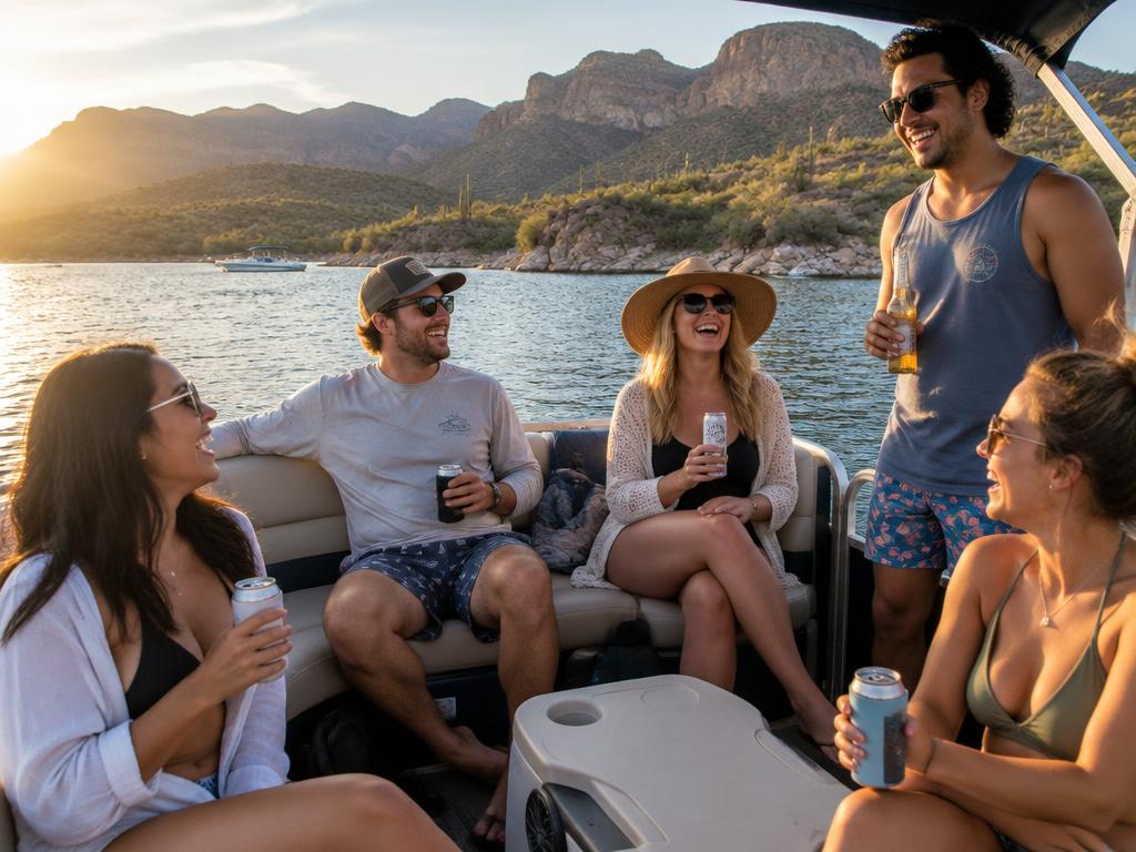 Group of friends laughing on the deck of a pontoon at golden hour