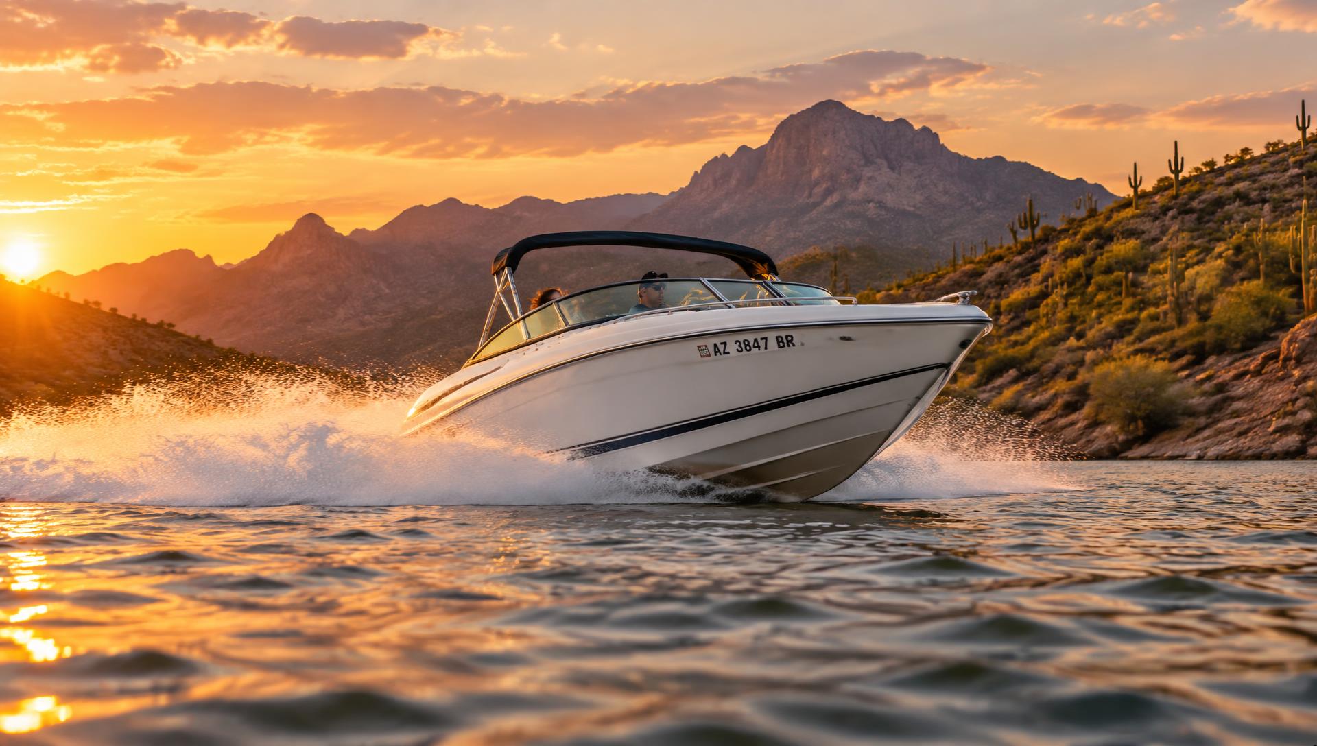 Speed boat carving across Lake Pleasant at golden hour