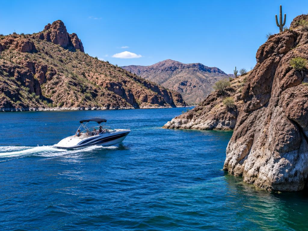 Speed boat exploring a rocky cove on Lake Pleasant
