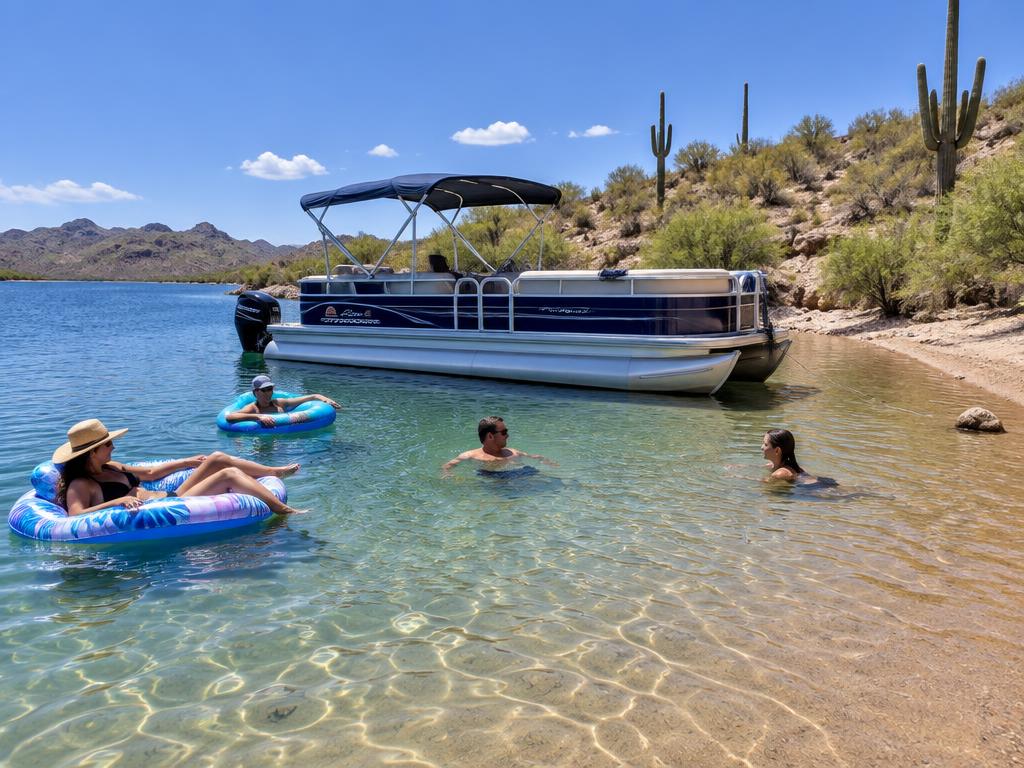 Pontoon anchored at a shallow sandy cove with swimmers on Lake Pleasant