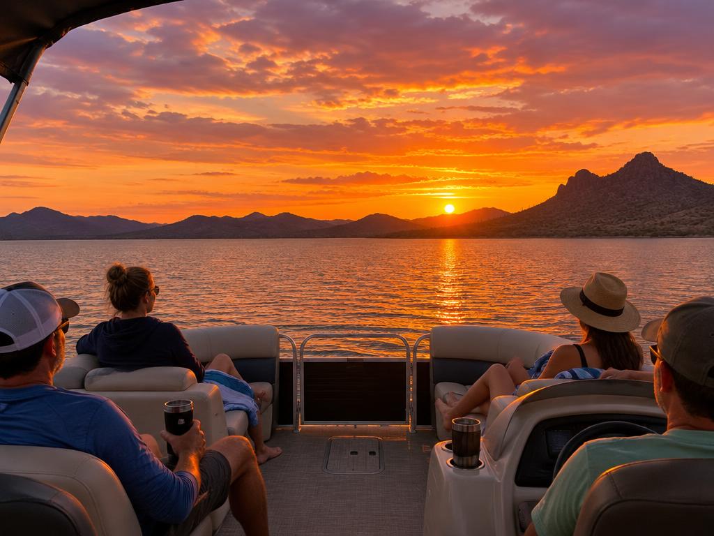 Guests watching a vivid sunset from the deck of a pontoon on Lake Pleasant
